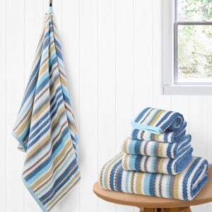 Blue-gray and beige striped combination towel 6-piece set